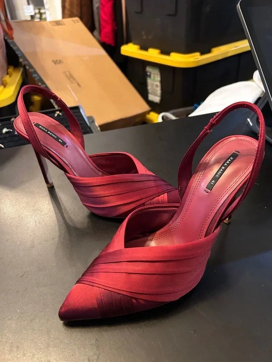 Zara Wine Red Satin Pointed Slingback Heels - Picture 3 of 6